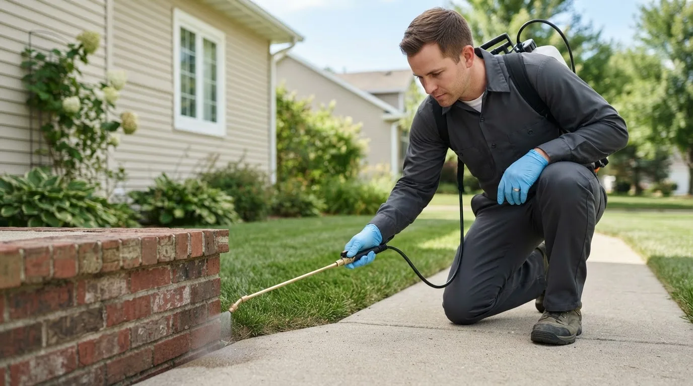 Pest control technician treating a home near Elwin, IL