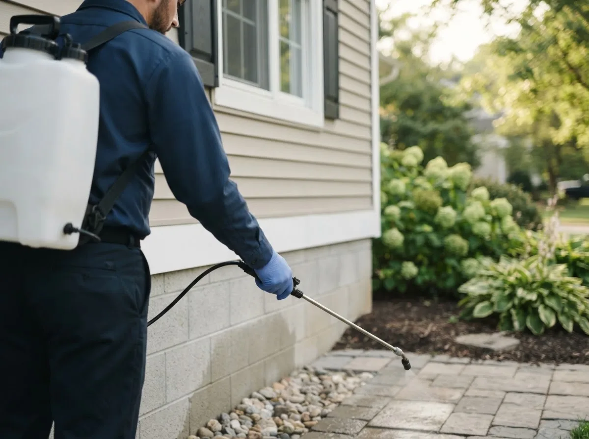 Pest control technician inspecting a home in Elwin, IL